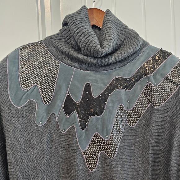 Vintage 80s Sweater Womens Medium Gray Patchwork Dolman Sleeve Textured Glam - Picture 3 of 11